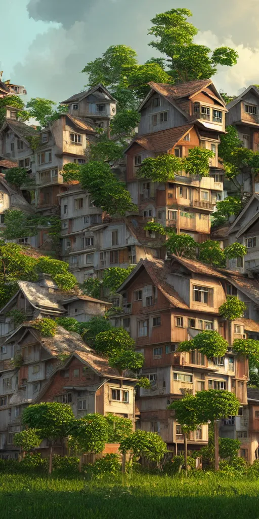 Image similar to stacked houses, solarpunk, studio ghibli, jean - baptiste monge, octane render, 4 k