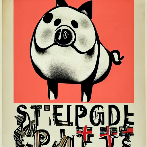 Image similar to propaganda poster with a cartoon pig as the centerpiece