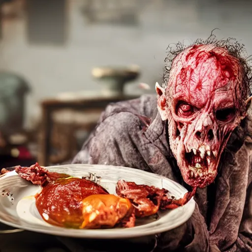 Prompt: an ultra realistic 8 k hdr photo of an elderly haggered raggedy zombie vampire eats a plate of skin and meat and blood and bones and tendons scary picture