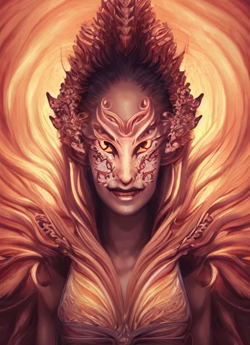 Image similar to a beautiful detailed oil on copper art illustration of a japanese kitsune hannya mask devil woman, centered, by charlie bowater, zeng fanzh, trending on artstation, dim dusk lighting, cinematic lighting, detailed lighting, volumetric lighting, realistic, f 8, 4 k hd wallpaper