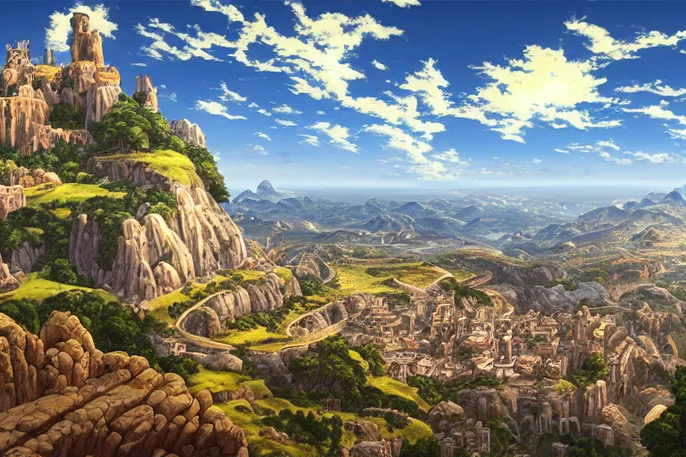 Image similar to an ultra detailed matte landscape painting of an extremely tall and strong young man with short brown hair standing on a cliff overlooking a medieval capital built on top of many hills, italian renaissance architecture, epic anime fantasy, 8 k, volumetric lighting, smooth, highly detailed, digital illustration, art by kentaro miura and akira toriyama and artgerm