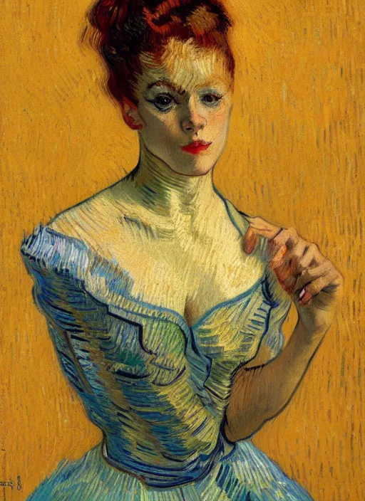 Image similar to !! portrait of a beautiful parisian dancer!!, detailed face, symmetrical painting, beautiful expressionist oil painting masterpiece, 8 k resolution, by van gogh, smooth, sharp focus, pastel color palette, trending on artstation