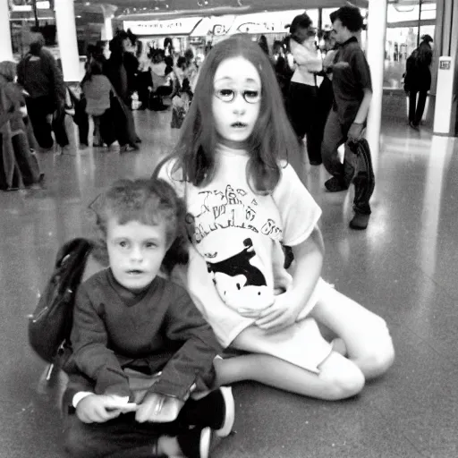 Prompt: due to a spelling error, kids are sitting on satan ’ s lap at the mall, film camera photograph