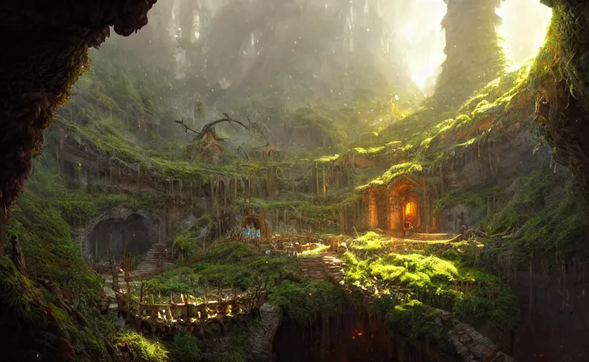 Prompt: worm's eye view of a elven headquarters carved inside a mountain, above lush garden, neat and tidy, fantasy genre, natural light, fantasy, sharp focus, concept art, by greg rutkowski and craig mullins, cozy atmospheric and cinematic lighting, trending on artstation