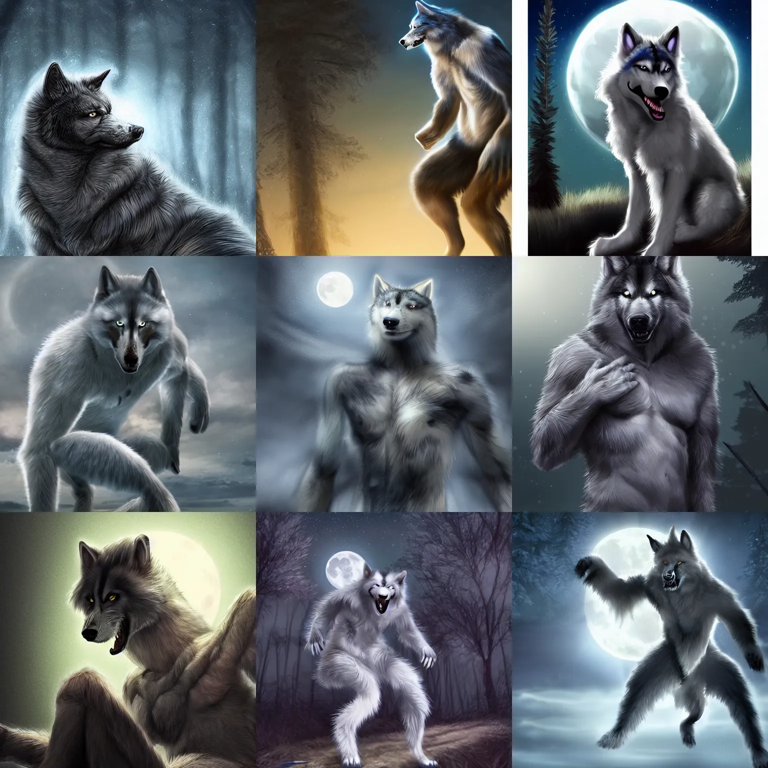 Prompt: man transforming into a werehusky during a full moon, digital art, 4 k hd, very detailed, fur, anime