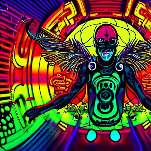 Prompt: psychedelic cyberpunk demon painting, rocking out, headphones DJ Rave, highly stylized dmt artwork, svg vector, trending on artstation, featured on deviantart