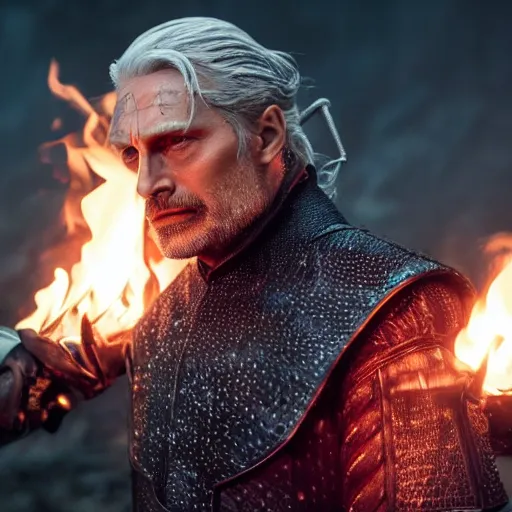 Image similar to mads mikkelsen as gerald the witcher doing igni, fire, concept art, high definition, professional photography, 8 k