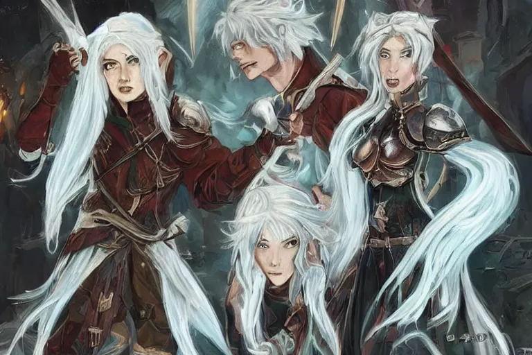 Image similar to dungeons and dragons fantasy painting of elven soldiers, white hair, determined expressions, anime inspired