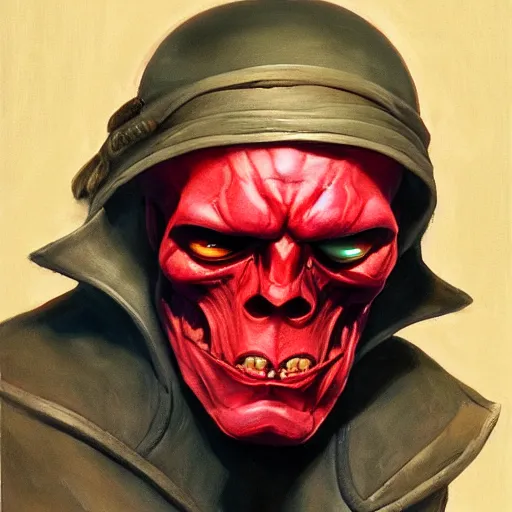 Image similar to ultra realistic portrait painting of red skull as harry potter, art by frank frazetta, 4 k, ultra realistic, highly detailed, epic lighting