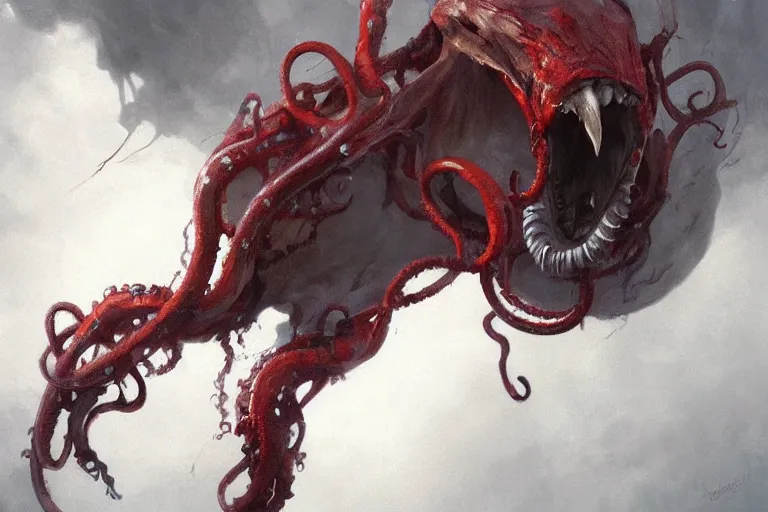 Image similar to painting by greg rutkowski of a flying human head and face that is chalk white in color, with tentacles coming of the neck, red eyes, flying in a terrying hell like cavernous place