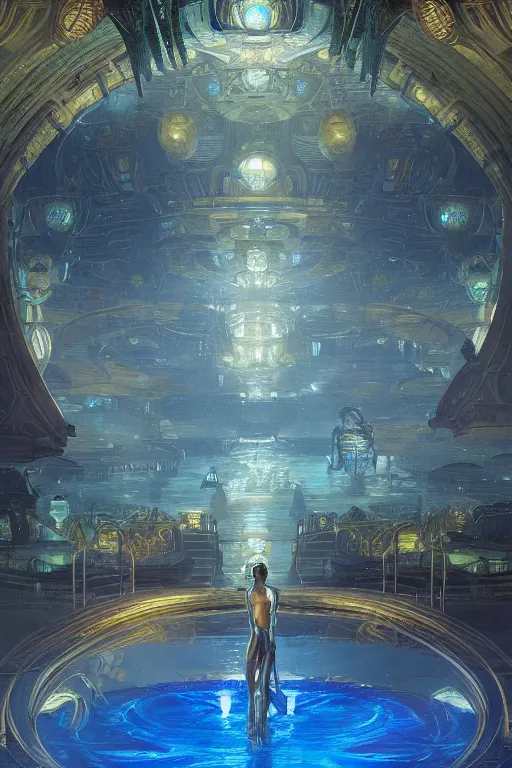 Image similar to Concept Digital Art Highly detailed Alien Art Deco Cybertron lazy river inside of the Palace of the Primes with glowing blue water at night by greg rutkowski, Ilya repin, alphonse mucha, and Edmund Blair Leighton. Very highly detailed 8K, octane, Digital painting, the golden ratio, rational painting