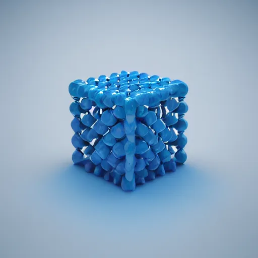 Image similar to cube made out of blue marbles and steel rods, octane render, studio photo