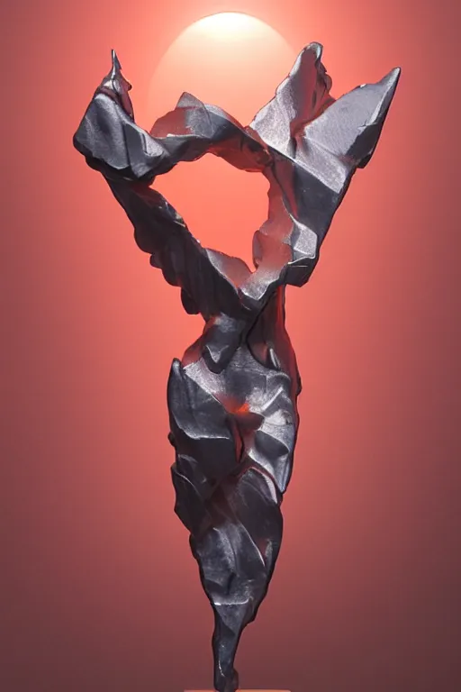 Prompt: realistic 8k Roberto Ferri Sculpture of random jagged reflective metal pieces forming the shape of a person silhouetted by a bright red sun, volumetric god rays, glinting metal, neon colors, cyberpunk, smooth, sharp focus, 24mm lens, DOF, hyper realistic, art by Greg Rutkowski and Ruan Jia and Giger