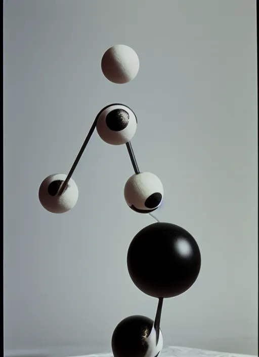 Prompt: realistic object photo of ping pong balls sculpture, eyeballs sculpture, black caviar cloud, readymade, dadaism, fluxus, man ray 1 9 9 0, life magazine photo