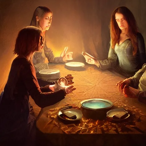 Image similar to Seance table, Hyper-realistic, 4K, Highly Detailed, HD, Dramatic Lighting by Brom, golden hour, trending on Artstation