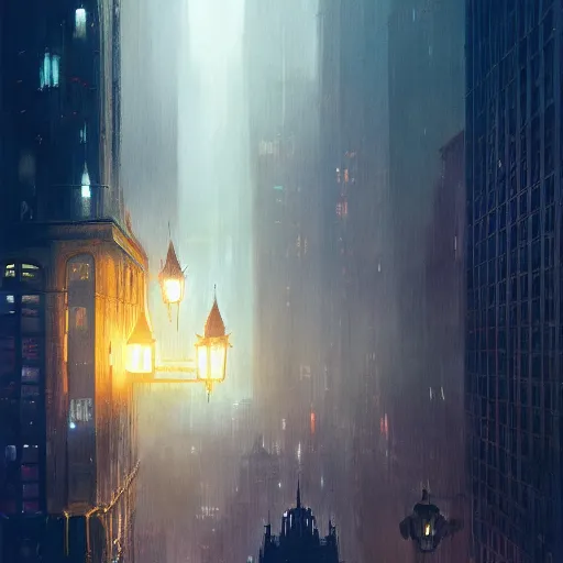 Prompt: nighttime in gotham city, art deco architecture, light mist, fantasy, intricate, elegant, digital painting, trending on artstation, concept art, soft focus, illustration by greg rutkowski, Gaston Bussiere and artgerm, 4k.