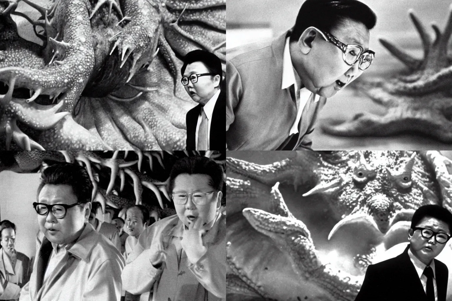 Prompt: a filmstill of Kim Jong-il looking upward toward a giant Kaiju starfish monster, cinematography by Akira Kurosawa