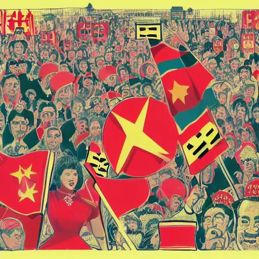 Image similar to a communist revolution in Candy Land, 1960s illustration, high quality, collage in the style of Klaus Voormann and Chinese Propaganda, album cover, peppermint motif