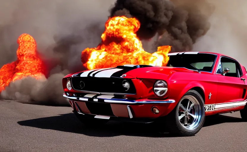 Image similar to a red 1 9 6 8 ford mustang shelby gt 5 0 0 driving high speed, fire explosion in the background, action scen. realistic. high resolution. dramatic