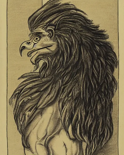 Image similar to a creature with the body and eyes of a man, with the beak of an eagle, the mane of a lion, and the horns of an ox. drawn by francis bacon