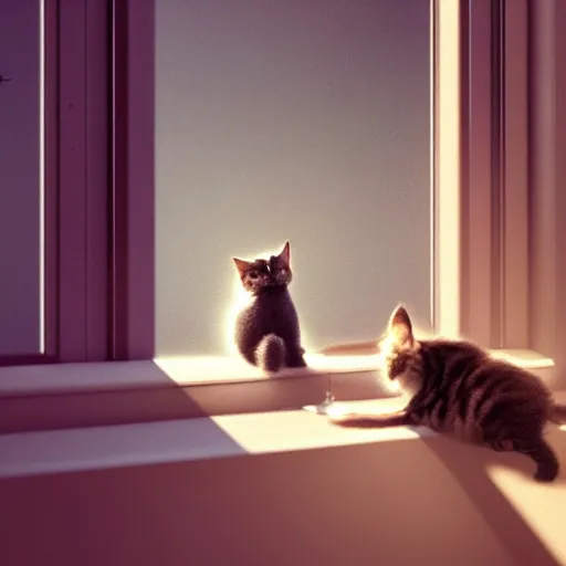 Image similar to Big european shorthair cat and small fluffy kitten from the back in the apartment room looking to window in a cyberpunk city, soft god rays from city lights outside the window, unreal engine 5, soft neon atmosphere, photorealistic, soothing colors, somber melancholic matte painting, hyperrealism, hyperrealistic, cinematic masterpiece, cyberpunk style 8k ultrahd octane render