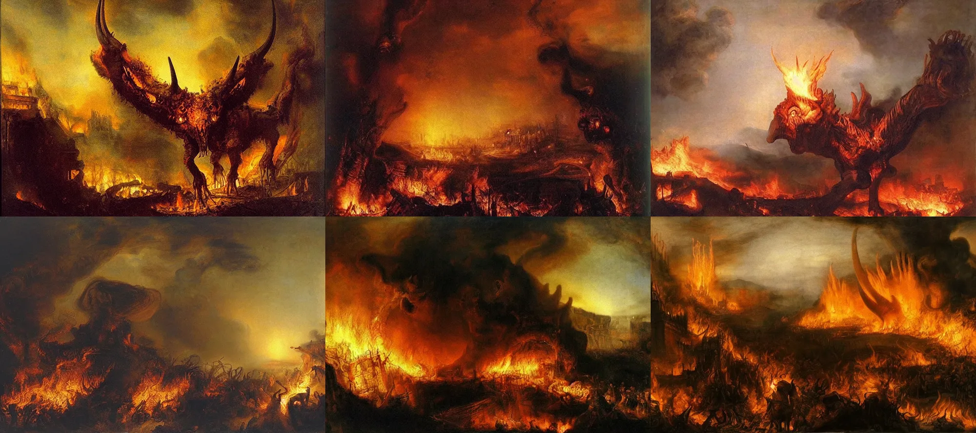 Prompt: A colossal primordial monster, Large curved horns. Four legs. two arms. It stands tall over the burning ruins of an ancient city on fire. The city is under siege. Death is all around. The Apocalypse. The sky is on fire. Oil painting by Rembrandt.