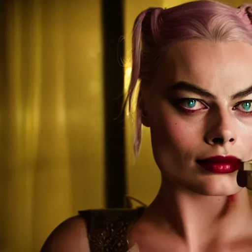 Image similar to Margot Robbie as real-life Jinx from Arcane, league of legends, cinematic, Wide-shot, atmospheric fog and lighting, directed by Michael Bay, extreme detail, 8K, movie still