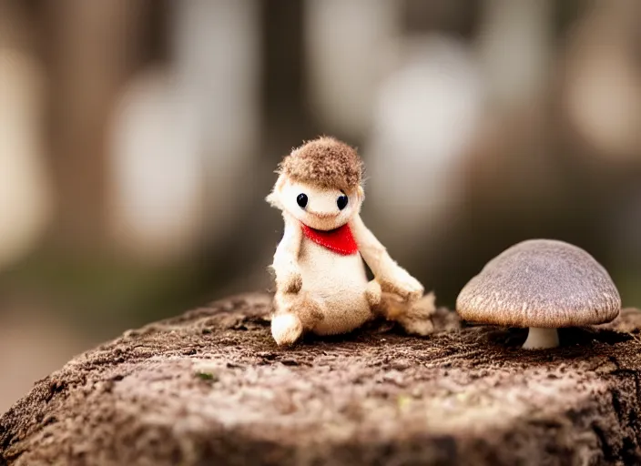 Prompt: a a cute creature sitting next to a mushroom, realistic, very detailed, complex, intricate, studio lighting, superres sharpening, bokeh, sigma 5 0 mm f 1. 4