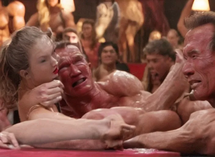 Prompt: taylor swift oil wrestling with arnold schwarzenegger, movie still, from the movie over the top, 8 k, realistic