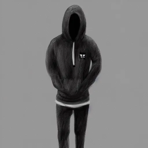 Prompt: a drawing of a man in a gray hoodie with the hood up, the man is wearing black Adidas sweatpants, digital art, trending on ArtStation,