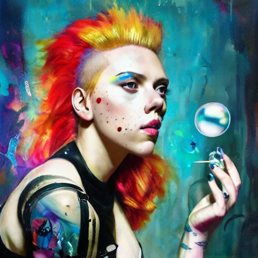 Prompt: scarlett johansson as delirium from sandman, ( hallucinating colorful soap bubbles ), by jeremy mann, by sandra chevrier, by dave mckean and richard avedon and maciej kuciara, punk rock, tank girl, high detailed, 8 k