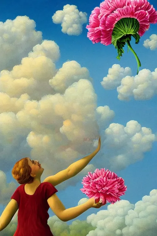 Image similar to closeup, giant carnation flower head, woman falling, surreal, clouds in sky, impressionist painting, digital painting, artstation, rob gonsalves