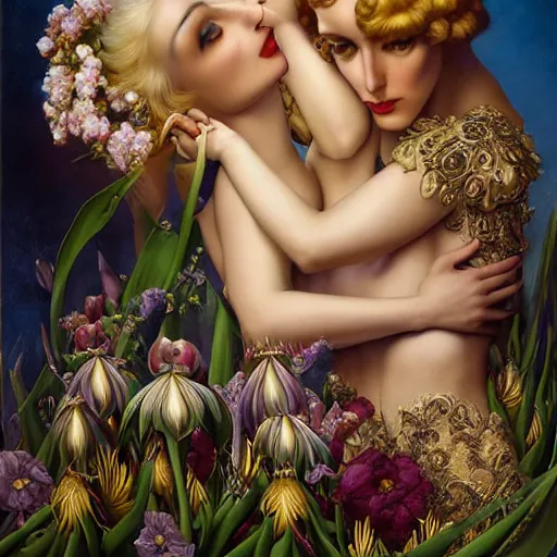 Image similar to dynamic composition, blonde woman with hair of irises and spring flowers wearing ornate earrings, ornate gilded details, a surrealist painting by tom bagshaw and jacek yerga and tamara de lempicka and jesse king, wiccan, pre - raphaelite, featured on cgsociety, pop surrealism, surrealist, dramatic lighting