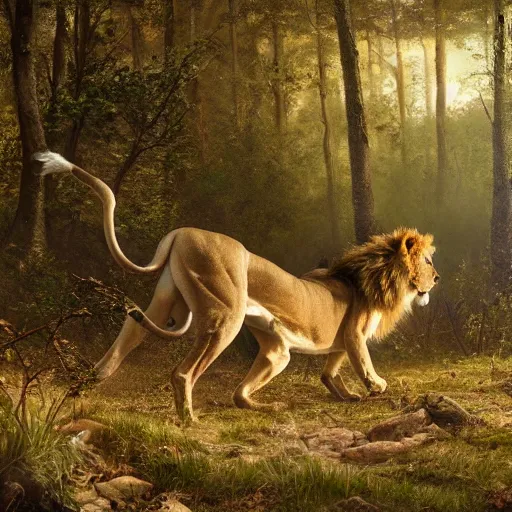 Image similar to an oil painting of lion chasing a deer in the forest, masterpiece, highly detailed, high quality, 4 k, anatomically correct, hyperrealistic, concept art, octane render, unreal engine 5, trending on artstation, trending on deviantart, matte, historical painting, fantasy style, path traced, high coherence, soft lighting, digital painting, mythical