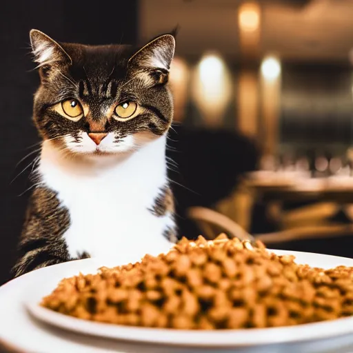 Image similar to A photo of a cat wearing a suit sitting in a fancy and expensive gourmet restaurant and eating a plate of cat food. f/2.8, dim lighting, award winning photo