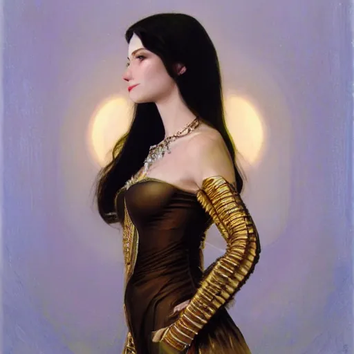 Image similar to portrait of a smiling, beautiful, pale skin eastern european female with long black hair, dark brown eyes, elegant clothing, photorealistic, highly detailed, artstation, smooth, sharp focus, gold ornaments, neon lighting, sci - fi, art by gustav klimt, artgerm, greg rutkowski and alphonse mucha