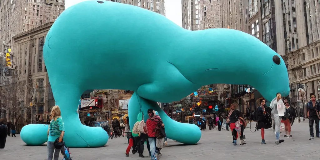 Image similar to huge turquoise wiener - shaped creatures walk around the city