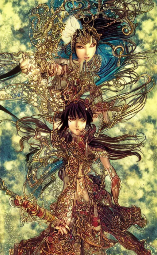 Prompt: lush, dreamlike animation still based on the art of yoshitaka amano ( final fantasy ) from 1 0 0 1 nights ( 1 9 9 8 ), dir. mike smith, hyperion studio