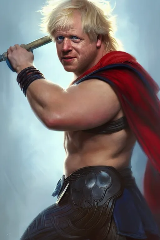 Prompt: Boris Johnson as Thor with Hammer, masculine bodybuilder figure, highly detailed, digital painting, artstation, concept art, smooth, sharp focus, illustration, cinematic lighting, art by artgerm and greg rutkowski and alphonse mucha