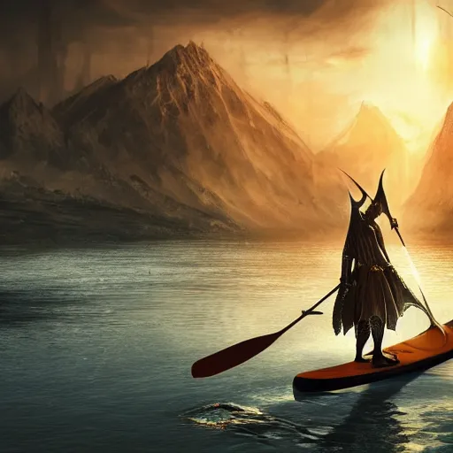 Prompt: lord sauron on his new paddle, digital art, trending on art station, high quality, uhd 8 k, beautiful, golden hour, intricate detail, high gradient, raytracing