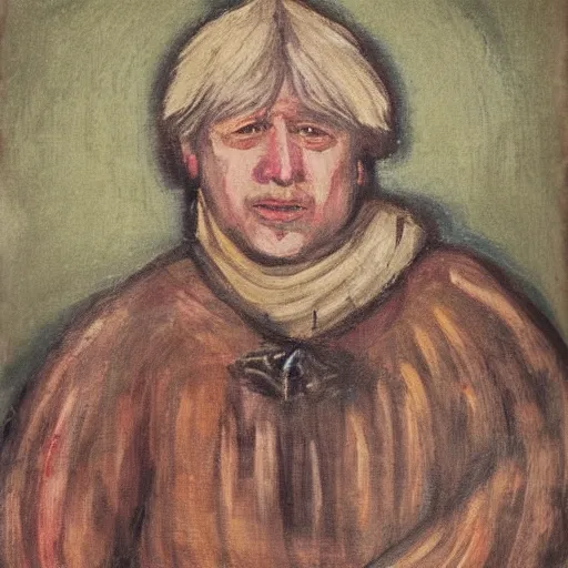 Image similar to boris johnson as a 1 2 th century peasant in england, painting, exhibited at british museum, oil on canvas, restored