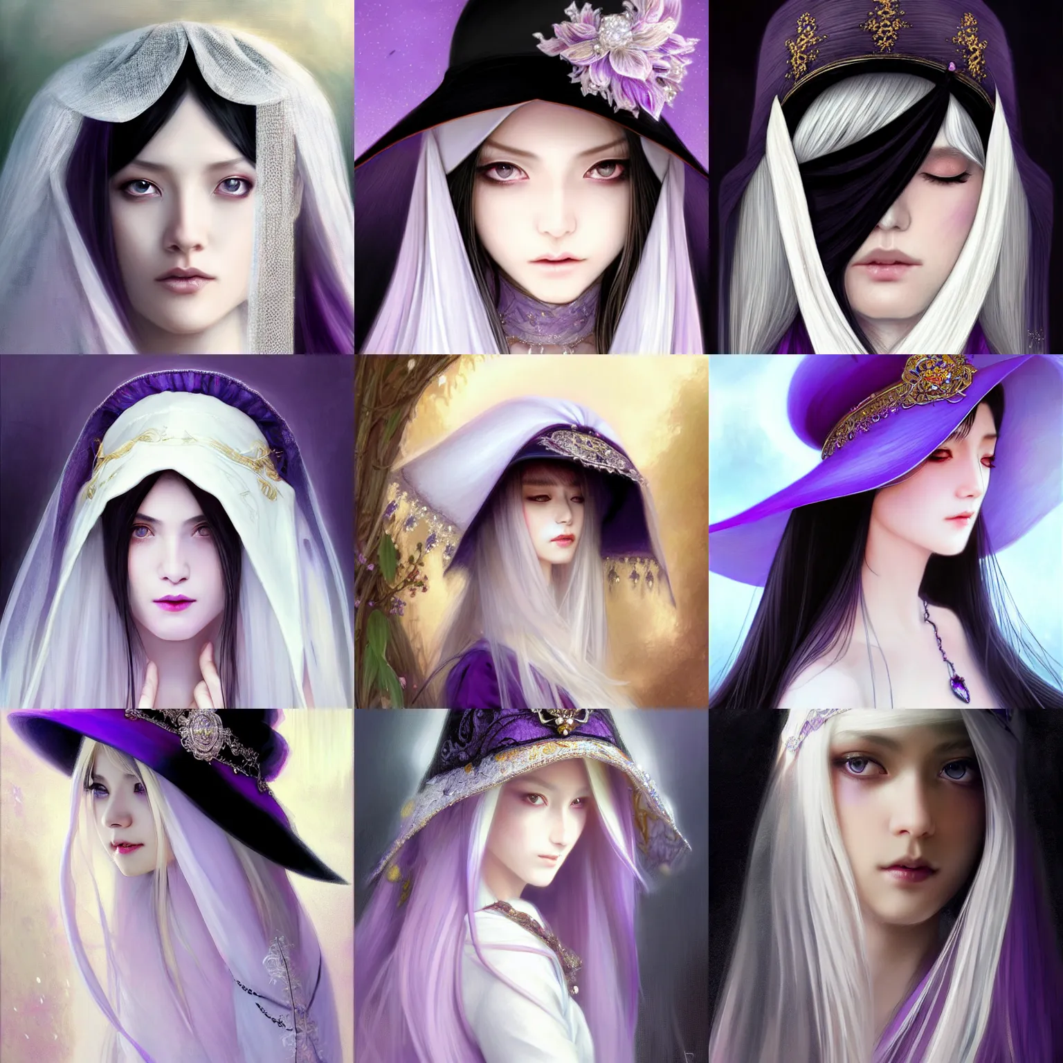 Prompt: white straight hair, violet eyes, fragile girl, veil, amber jewelry, clothes style japanese/asian/chinese, giant black hat with veil, closeup, D&D, fantasy, intricate, elegant, highly detailed, digital painting, artstation, concept art, matte, sharp focus, illustration, art by Artgerm and Greg Rutkowski and Alphonse Mucha