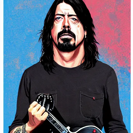 Prompt: dave grohl in gta v covert art painted by stephen bliss, centered, uncropped, full body, symmetrical face