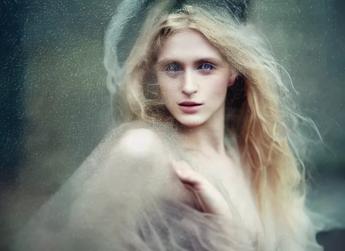 Prompt: kodak portra 1 0 0 a realistic photo medium portrait of a pre - raphaelite blond beautiful woman, shoulders draped by black tulle, dreamy mood, fine art photography in style of annie liebovitz, 1 5 0 mm, emotionally evoking, head in focus, stormy weather outdoor, matt mute colours, volumetric lighting, ultra detailed