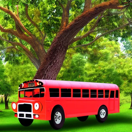 Prompt: photograph of a school bus stuck in a tree. extremely detailed. 4 k