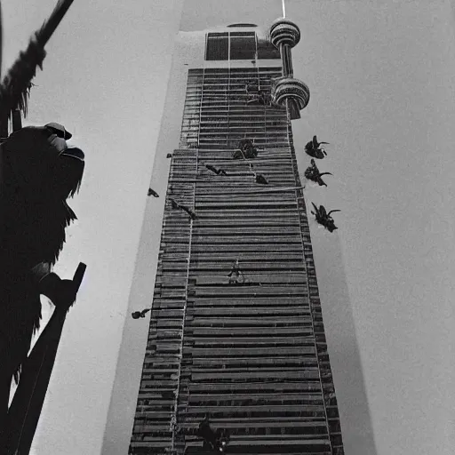 Prompt: photo of king kong climbing the c. n tower in toronto