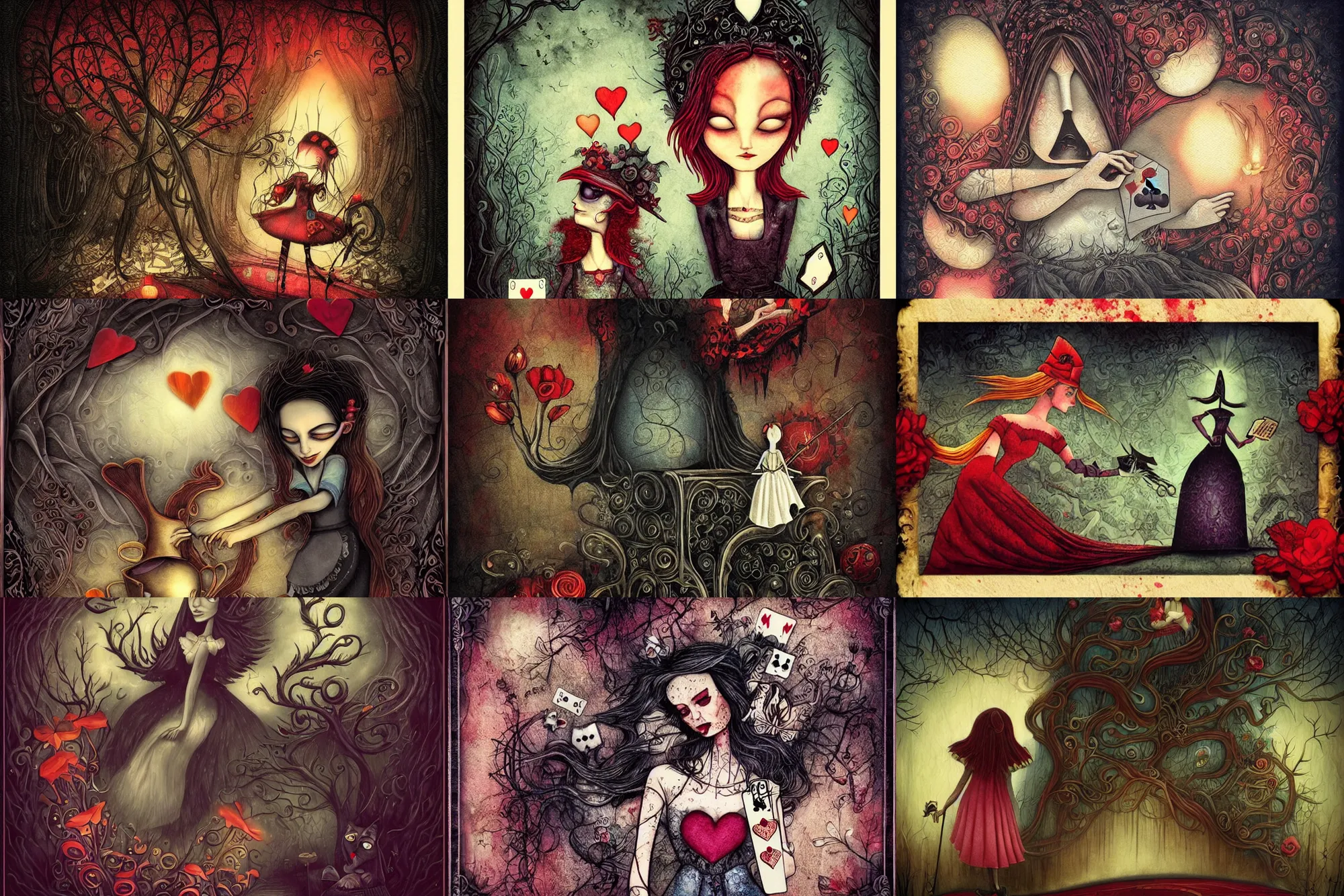 Prompt: Alice grows large again and brushes away the deck of cards, dramatic, art style Megan Duncanson and Benjamin Lacombe, super details, dark dull colors, ornate background, mysterious, eerie, sinister