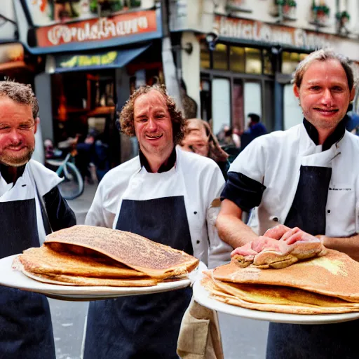 Prompt: closeup portrait of dutch chefs impressing the French people with superior pancakes in a street in Paris, by Steve McCurry and David Lazar, natural light, detailed face, CANON Eos C300, ƒ1.8, 35mm, 8K, medium-format print