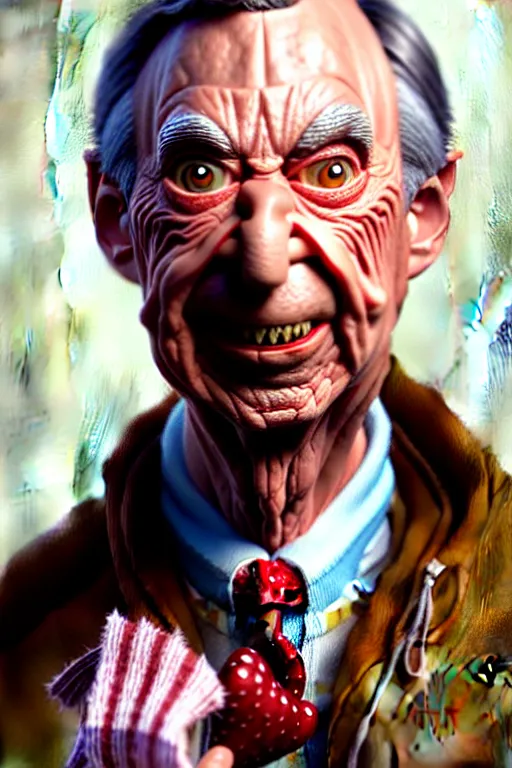 Image similar to hyper realistic portrait painting of evil mr. rogers as freddy krueger, painted by greg rutkowski, wlop, artgerm akoto shinkai trending on artstation