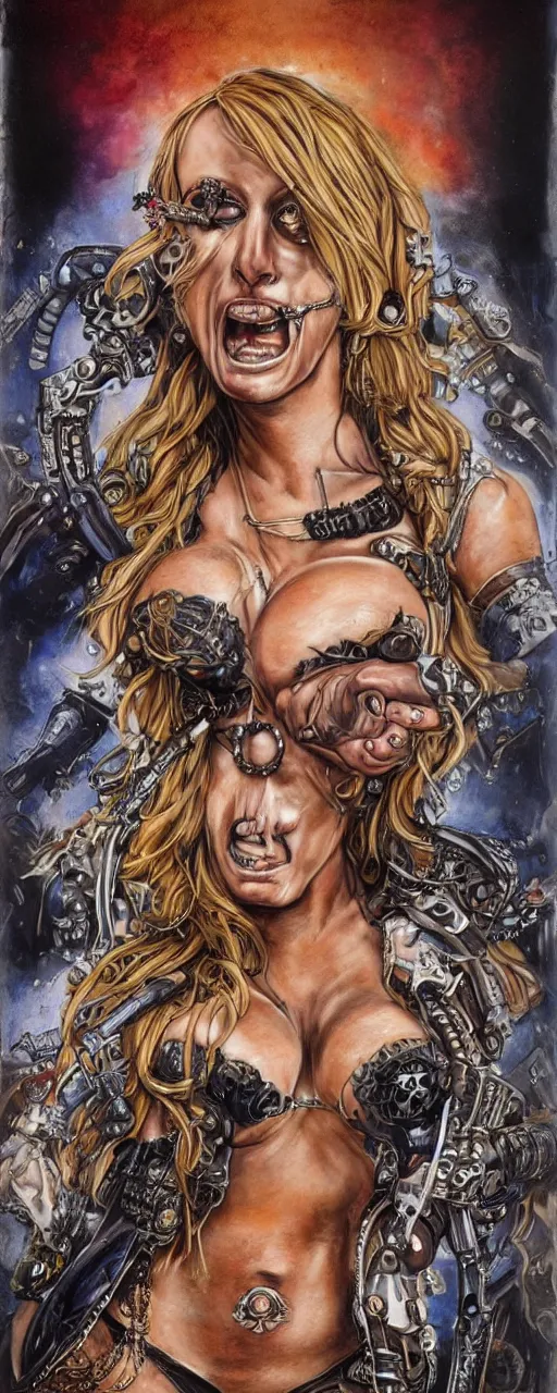 Image similar to a beautiful and captivating heavy metal art nouveau portrait of stormy daniels as an ironpunk rebel soldier by chris achilleos, bill sienkiewicz and pushead, mixed media painting, photorealism, extremely hyperdetailed, perfect symmetrical facial features, perfect anatomy, ornate intricate declotage, confident expression, moebius, olivia de bernardinis, travis charest